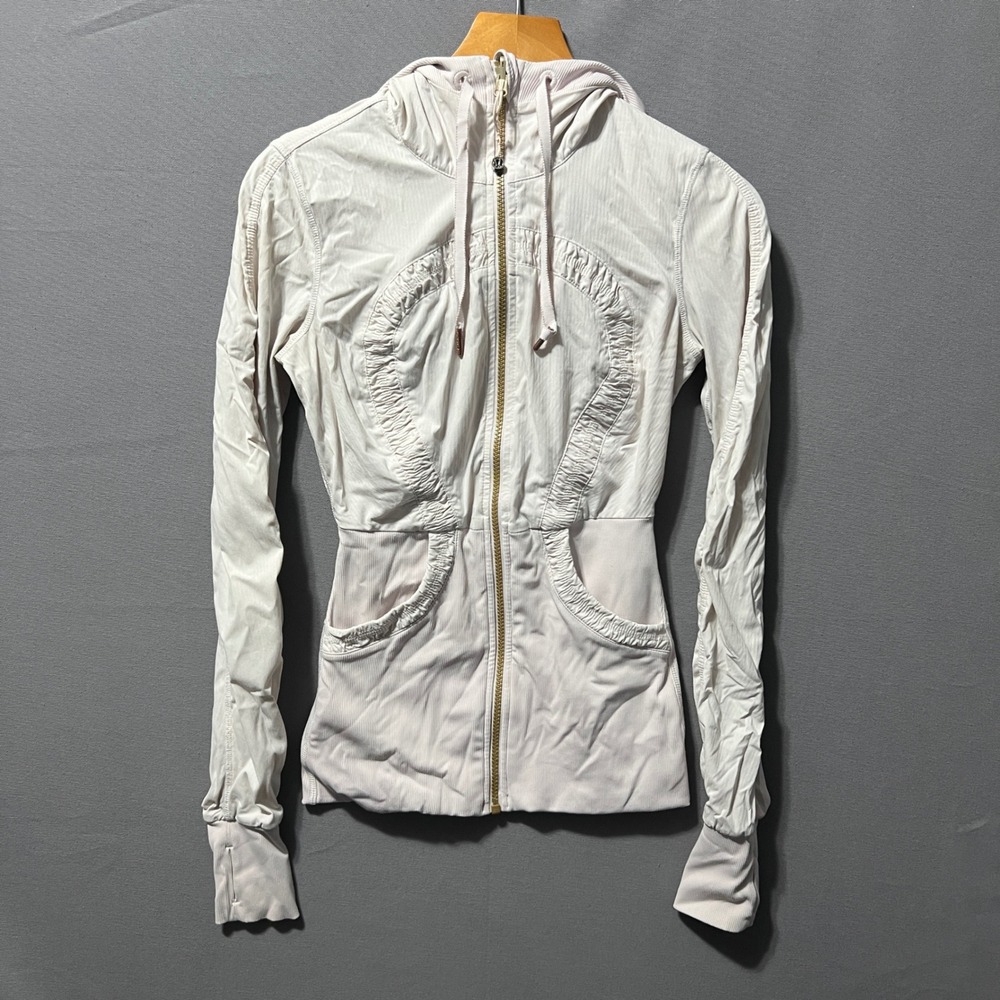 Lululemon Reversible Ruched Full Zip Hoodie Pale Pink Striped Thumbholes Jacket